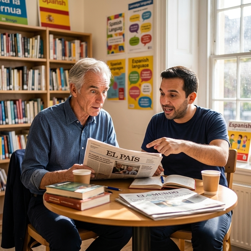 Fletcher and Octavio at a bright library, learning together with Spanish newspapers spread across the table